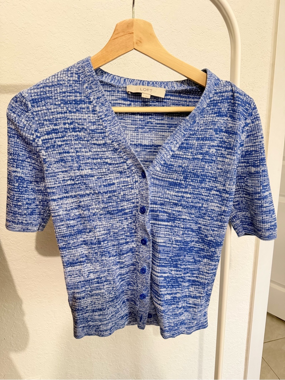 LOFT Blue & White Marled Short Sleeve Cardigan